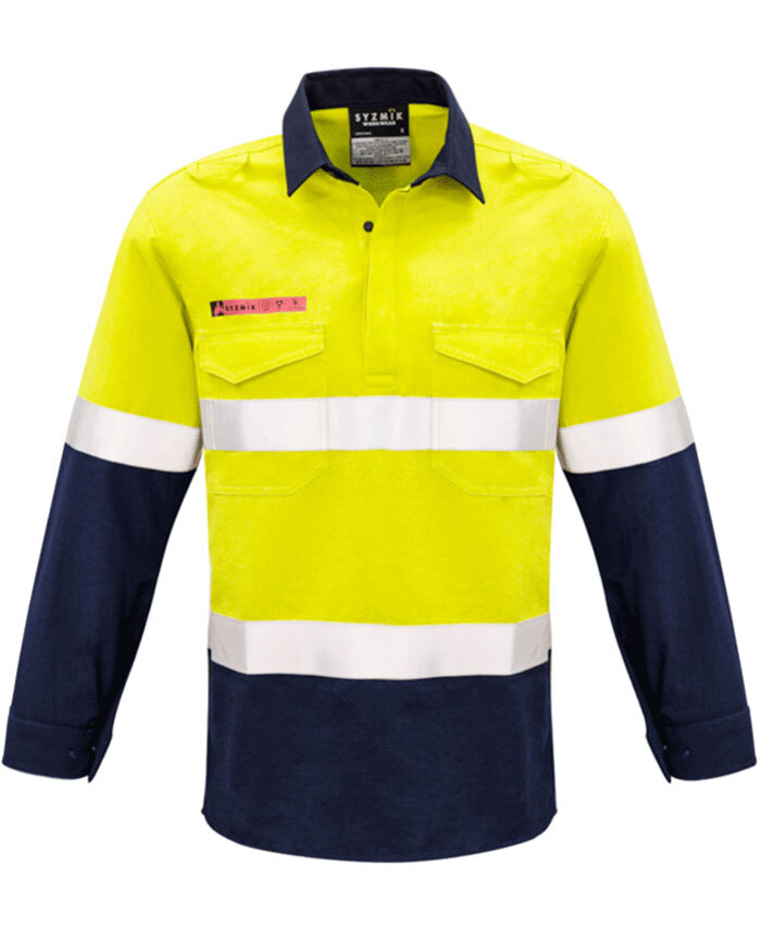 Mens Red Flame Hi Vis Closed Front Shirt Hoop Taped Syzmik