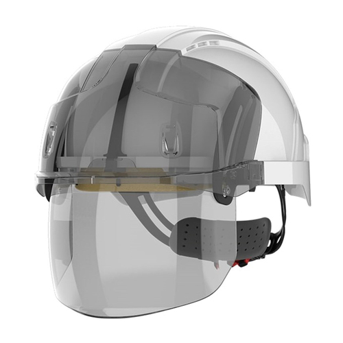WORKWEAR, SAFETY & CORPORATE CLOTHING SPECIALISTS - EVO VISTA SHIELD NON VENTED WHITE/SMOKE HELMET - WHEEL RATCHET - CLEAR VISOR