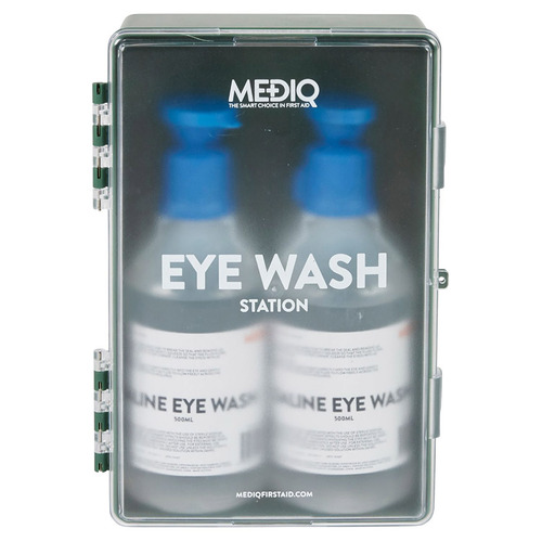 WORKWEAR, SAFETY & CORPORATE CLOTHING SPECIALISTS - MEDIQ EYEWASH STATION ENCLOSED PLASTIC CABINET TRANSLUCENT/GREEN